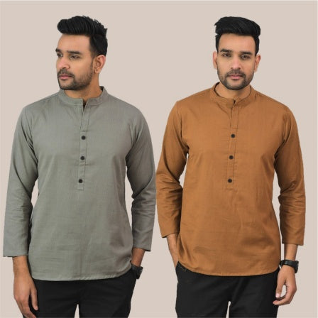 Combo of 2 Men Cotton Stripe Short Kurta