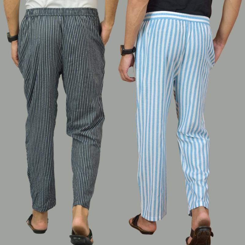 Combo of 2 Men Navy Blue Cyan Cotton Handloom Stripe Pant
