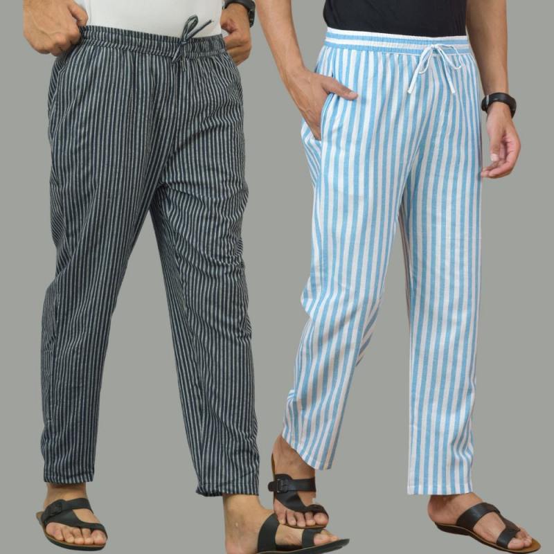 Combo of 2 Men Navy Blue Cyan Cotton Handloom Stripe Pant