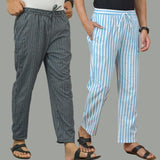 Combo of 2 Men Navy Blue Cyan Cotton Handloom Stripe Pant