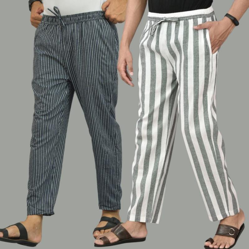 Combo of 2 Men Navy Blue White Cotton Handloom Stripe Pant