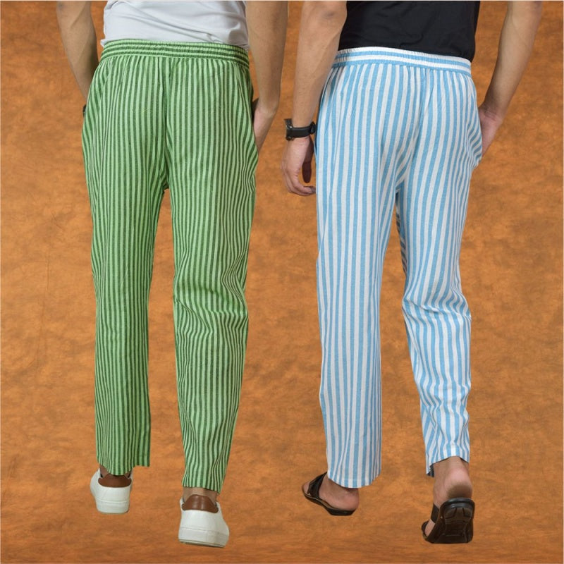 Combo of 2 Men Olive Green Sky Blue Cotton Handloom Stripe Pant