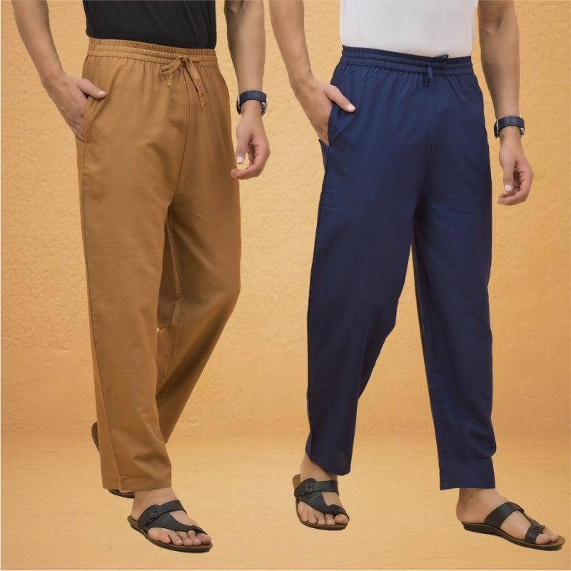 Combo of 2 Men Solid Cotton Flex Pant Navy Blue Brown