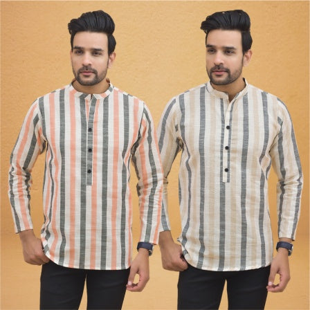 Combo of 2 Men Stripe Cotton Handloom Kurta Beige Peach