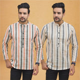 Combo of 2 Men Stripe Cotton Handloom Kurta Beige Peach