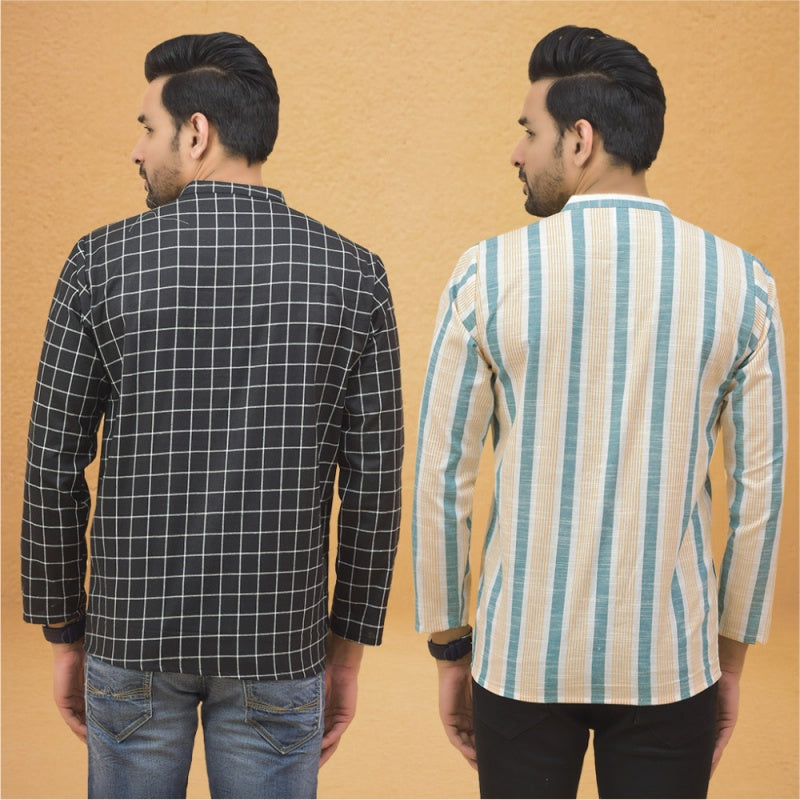 Combo of 2 Men Stripe Cotton Handloom Kurta Black Green