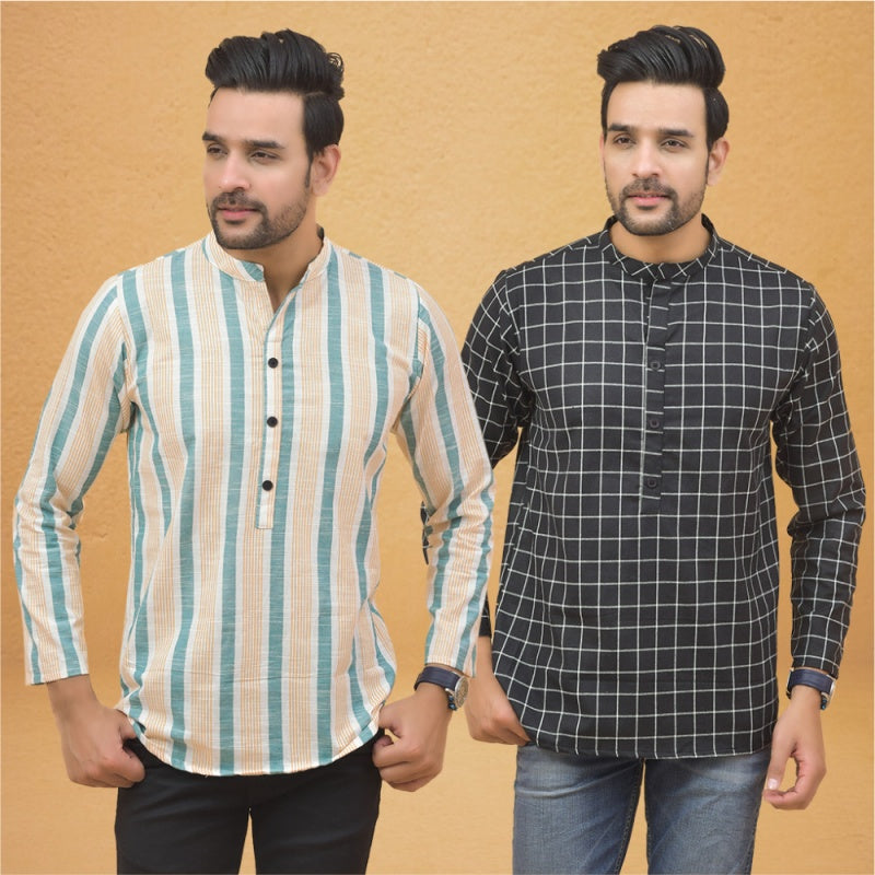 Combo of 2 Men Stripe Cotton Handloom Kurta Black Green