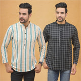 Combo of 2 Men Stripe Cotton Handloom Kurta Black Green