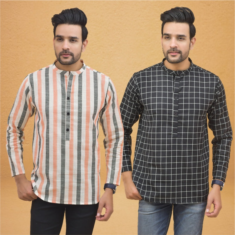 Combo of 2 Men Cotton Stripe Short Kurta