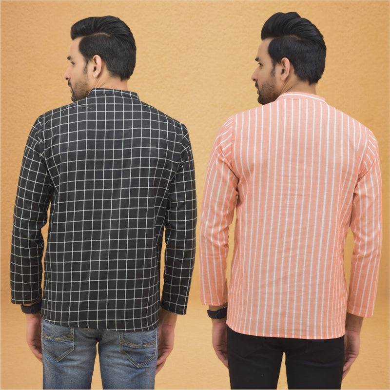Combo of 2 Men Stripe Cotton Handloom Kurta Black Peach