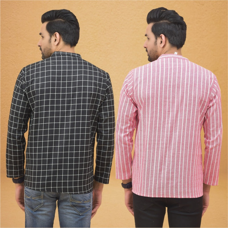 Combo of 2 Men Stripe Cotton Handloom Kurta Black Pink