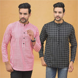 Combo of 2 Men Stripe Cotton Handloom Kurta Black Pink