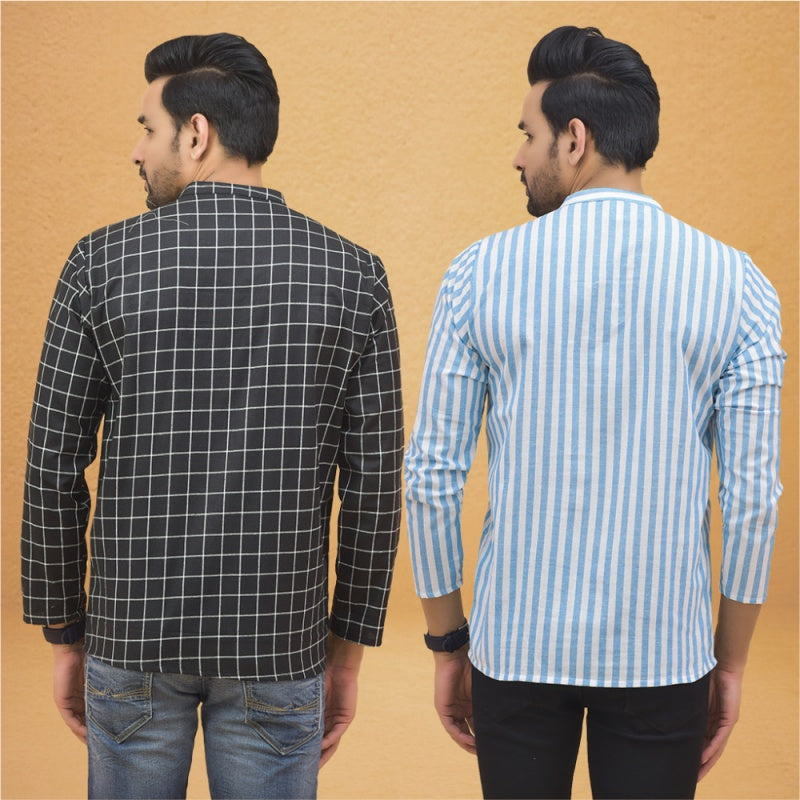 Combo of 2 Men Stripe Cotton Handloom Kurta Black Sky Blue