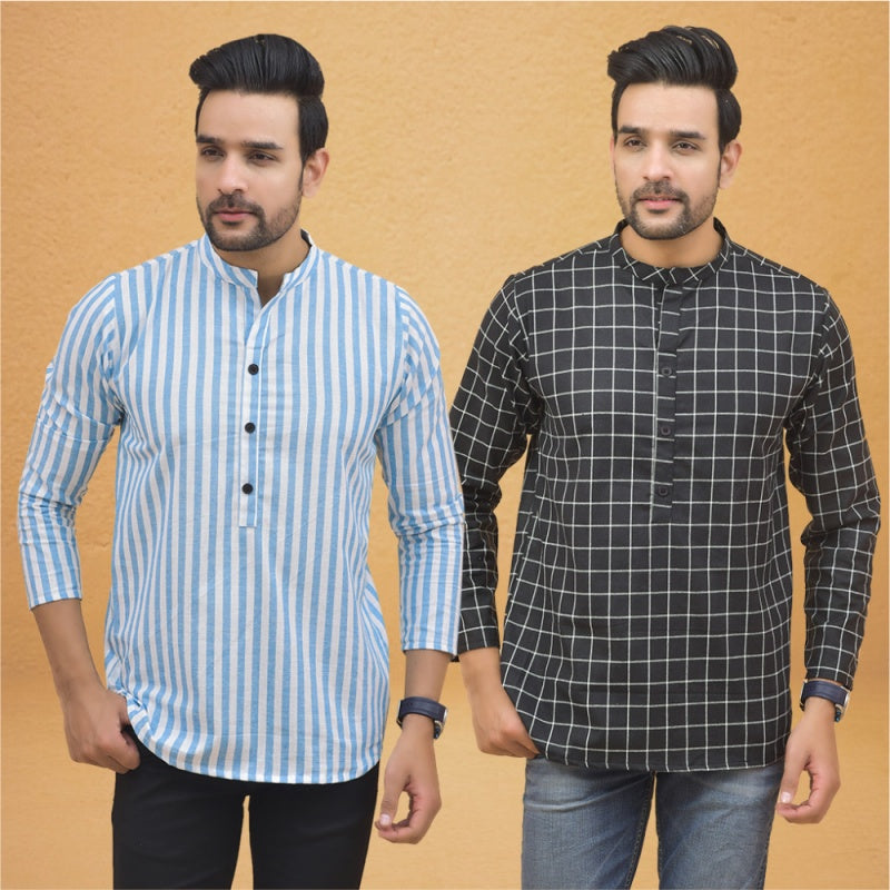 Combo of 2 Men Stripe Cotton Handloom Kurta Black Sky Blue