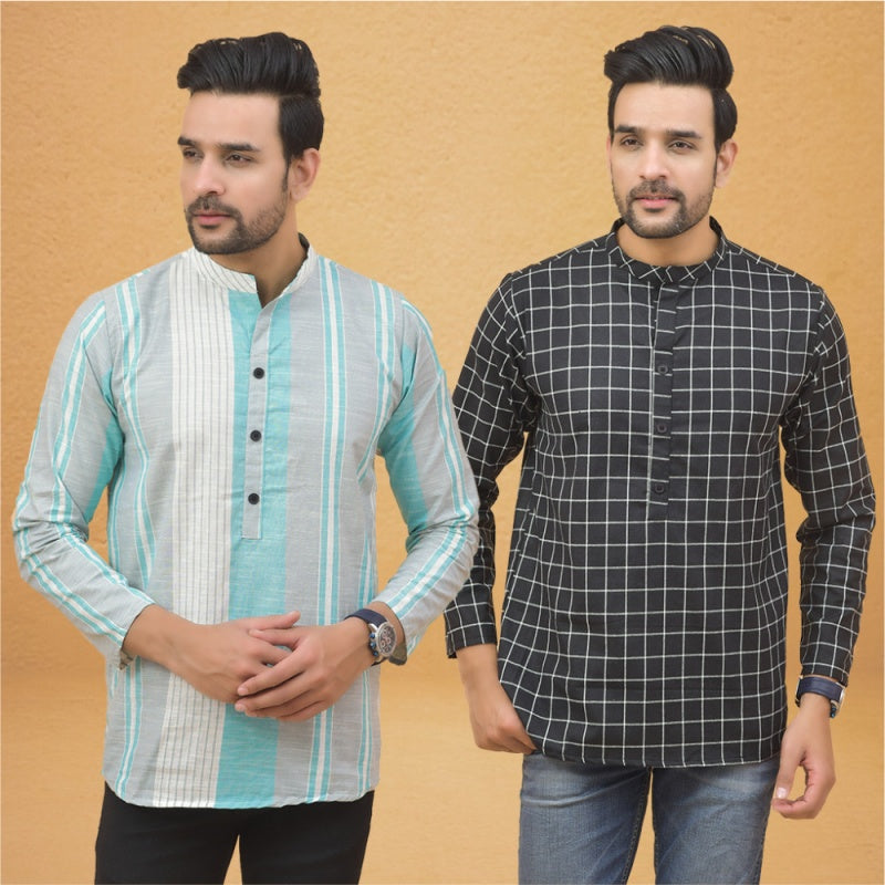 Combo of 2 Men Stripe Cotton Handloom Kurta Black White