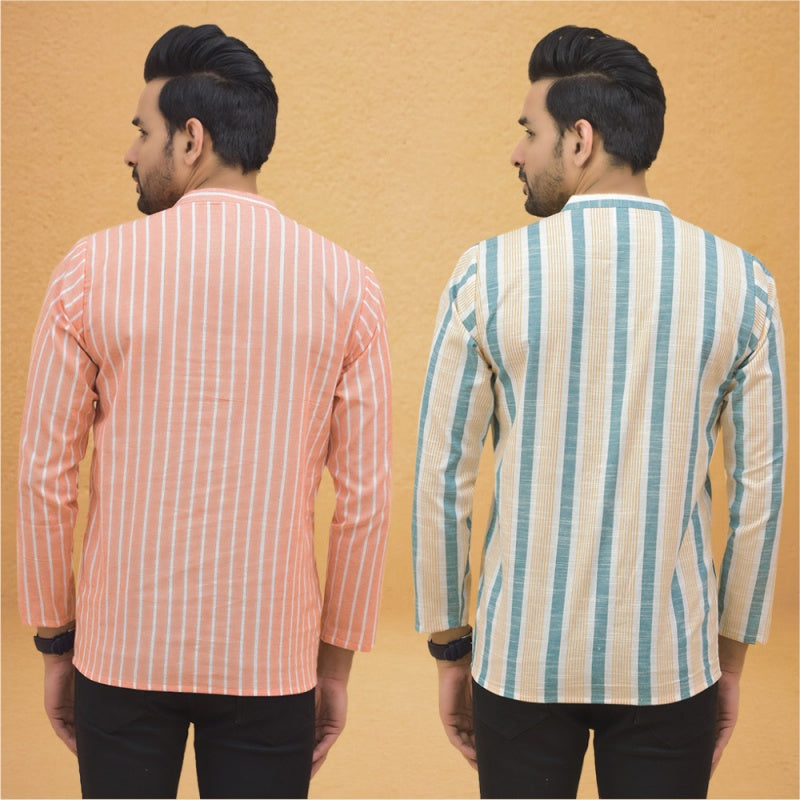 Combo of 2 Men Stripe Cotton Handloom Kurta Green Peach