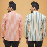 Combo of 2 Men Stripe Cotton Handloom Kurta Green Peach