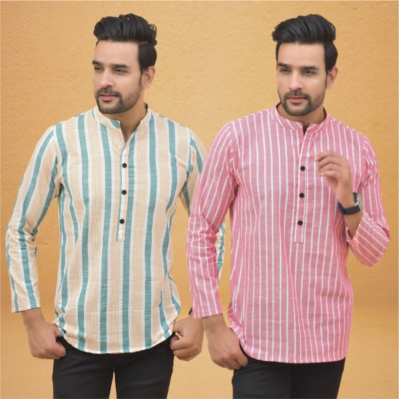 Combo of 2 Men Stripe Cotton Handloom Kurta Green Pink