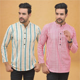 Combo of 2 Men Stripe Cotton Handloom Kurta Green Pink
