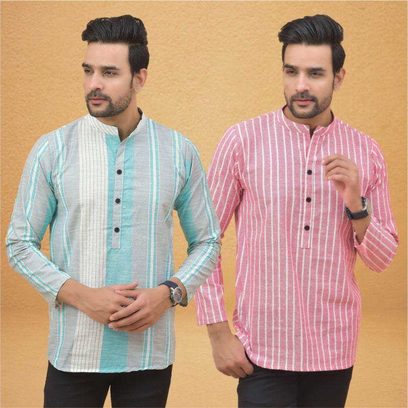 Combo of 2 Men Stripe Cotton Handloom Kurta Pink White