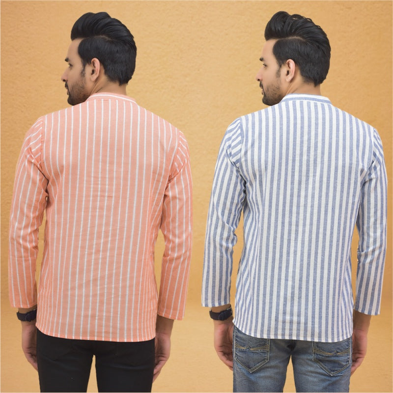Combo of 2 Men Stripe Cotton Handloom Kurta White Peach
