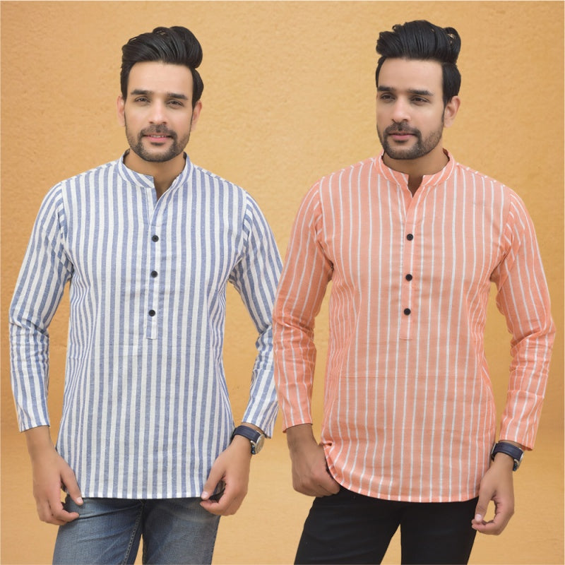 Combo of 2 Men Stripe Cotton Handloom Kurta White Peach