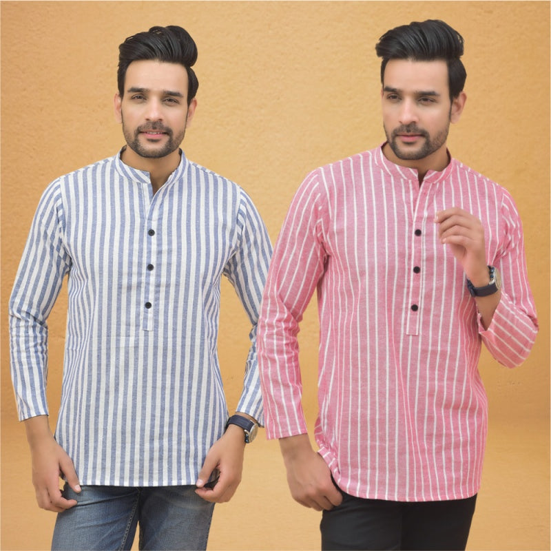 Combo of 2 Men Stripe Cotton Handloom Kurta White Pink