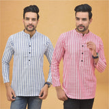 Combo of 2 Men Stripe Cotton Handloom Kurta White Pink