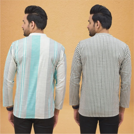 Combo of 2 Men Stripe Cotton Handloom Kurta White White