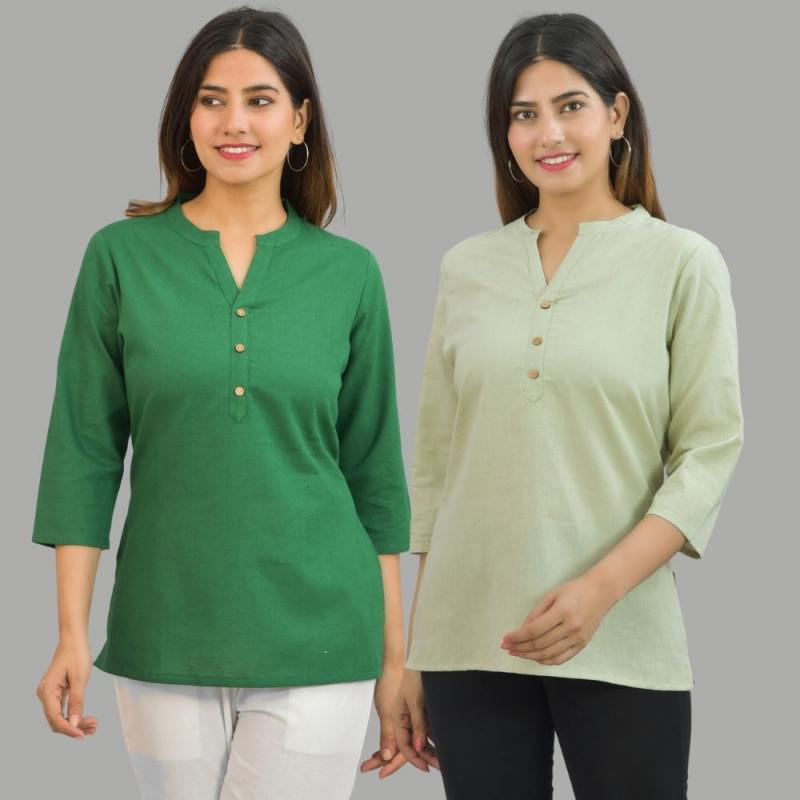 Combo of 2 Mint Green and Bottle Green Cotton Flax Women Top
