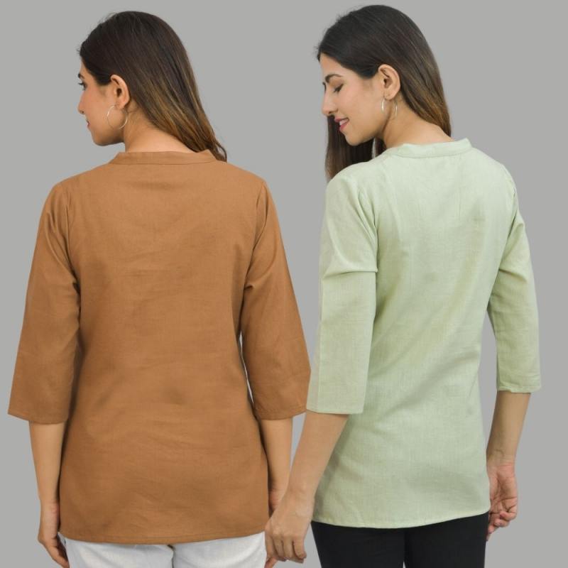 Combo of 2 Mint Green and Brown Cotton Flax Women Top