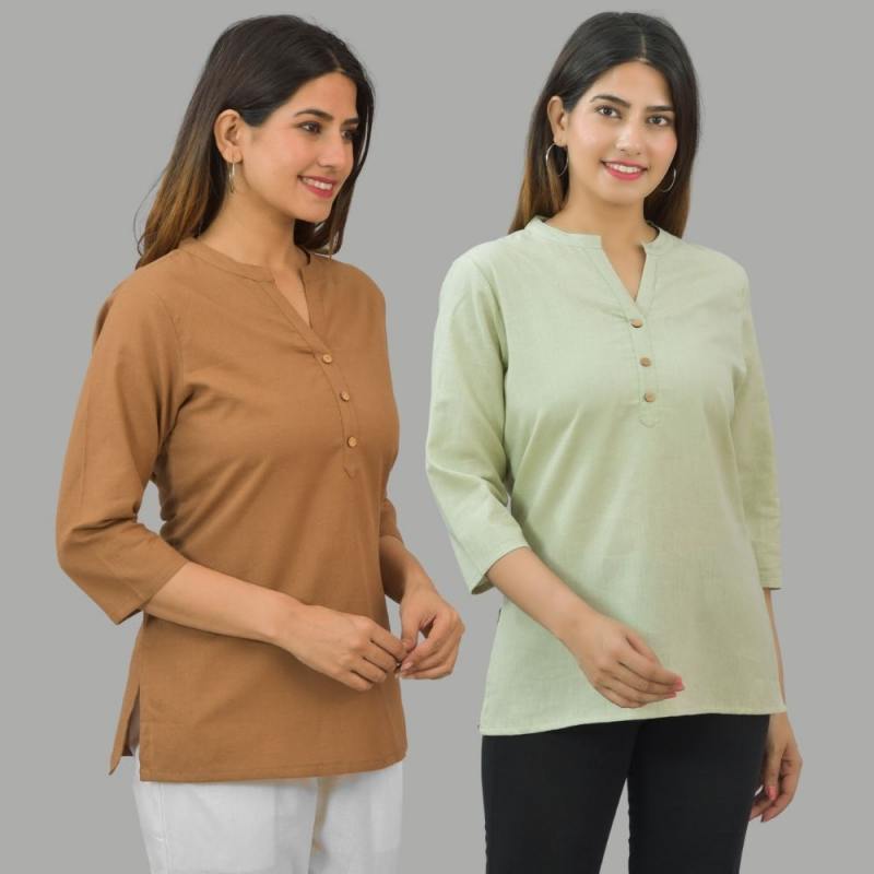 Combo of 2 Mint Green and Brown Cotton Flax Women Top