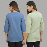 Combo of 2 Mint Green and Denim Blue Cotton Flax Women Top
