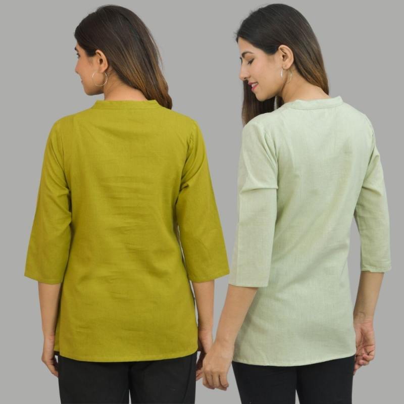 Combo of 2 Mint Green and Olive Green Cotton Flax Women Top