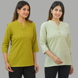 Combo of 2 Mint Green and Olive Green Cotton Flax Women Top