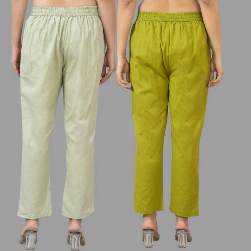Combo of 2 Mint Green and Olive Green Cotton Flax Women Trouser Pants-11348