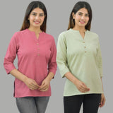 Combo of 2 Mint Green and Pink Cotton Flax Women Top-10690
