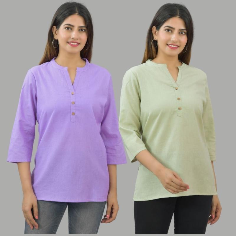 Combo of 2 Mint Green and Purple Cotton Flax Women Top