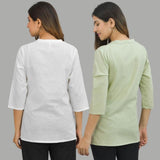Combo of 2 Mint Green and White Cotton Flax Women Top