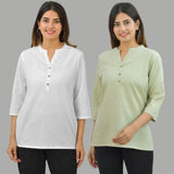Combo of 2 Mint Green and White Cotton Flax Women Top