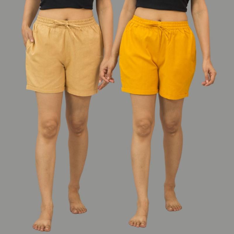 Combo of 2 Mustard Yellow and Beige Cotton Women Shorts