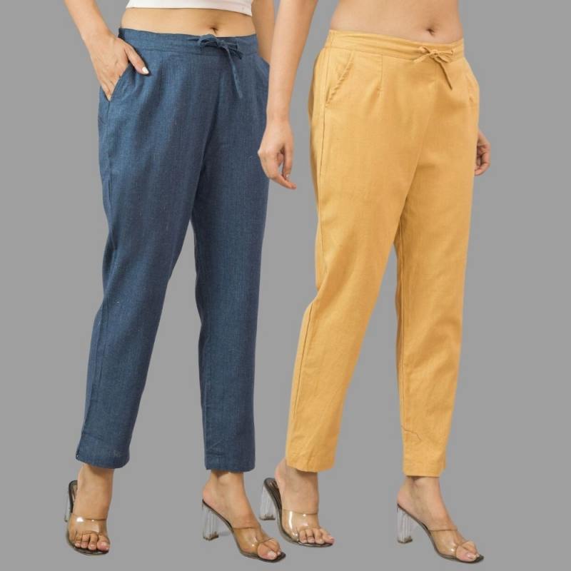 Combo of 2 Navy Blue and Beige Cotton Flax Women Trouser Pants-11430
