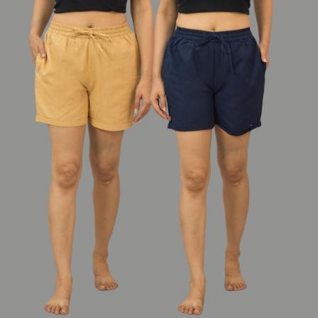 Combo of 2 Navy Blue and Beige Cotton Women Shorts