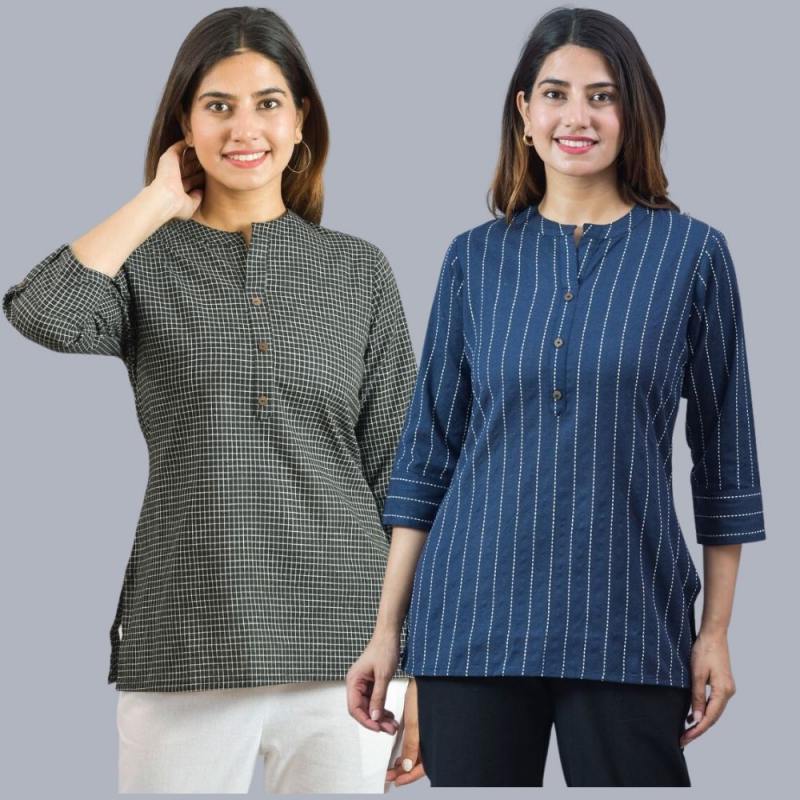 Combo of 2 Navy Blue and Black Cotton Checks and Stripe Women Top