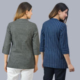 Combo of 2 Navy Blue and Black Cotton Checks and Stripe Women Top