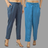 Combo of 2 Navy Blue and Blue Cotton Flax Women Trouser Pants-11442