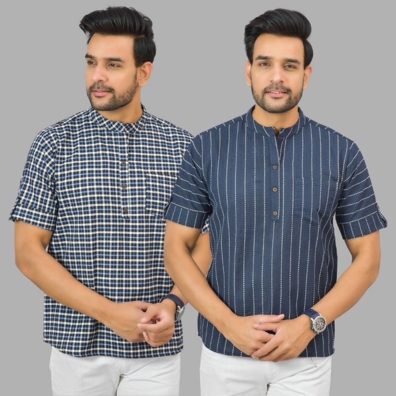 Combo of 2 Navy Blue and Blue Cotton Handloom Short Kurta-25364