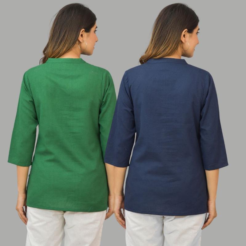 Combo of 2 Navy Blue and Green Cotton Flax Women Top