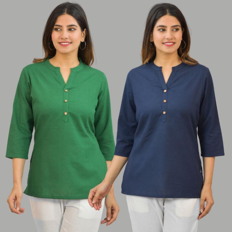 Combo of 2 Navy Blue and Green Cotton Flax Women Top