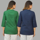 Combo of 2 Navy Blue and Green Cotton Flax Women Top